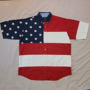 RedHead American Flag Short Sleeve Button Down %100 Cotton  Shirt Adult Mens L